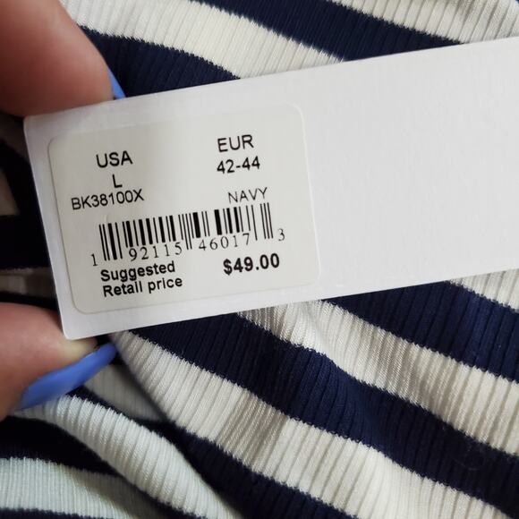 BB Dakota by Steve Madden NWT Navy Cream Stripe Tank Bodycon Dress Ruching Large - Picture 10 of 10